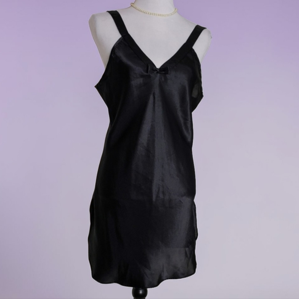 Vintage Black Satiny Night Slip Lingerie Chemise 80s Luxury Sexy Comfy Intimate